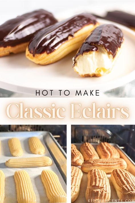 Make beautiful, delicious eclairs that will wow everyone in under 90 minutes with this easy classic eclairs recipe. Simple ingredients and step-by-step instructions makes this classic elcairs recipe a must-try. Tips and tricks to making hollow eclair shells that don't collapes after baking. This easy eclairs recipe is great for family gatherings, special occasions and more. Easy Eclair Recipe, Classic Eclair Recipe, Easy Eclairs, Eclairs Recipe, Chocolate Eclair Recipe, Eclairs Dessert, Chocolate Eclairs, Eclair Recipe, Recipe Simple