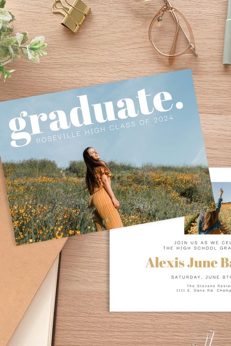 class of 2024 / grad party invite / graduation announcement card / graduation invitation template / high school graduation invite / grad party ideas / high school graduation idea Graduation Card Pictures, Graduation Invitations Aesthetic, Grad Party Cards, Senior Announcement Ideas, Grad Announcements High School, Grad Invite Ideas, Grad Card Ideas, Graduation Party Invitation Ideas, Graduation Announcement Ideas