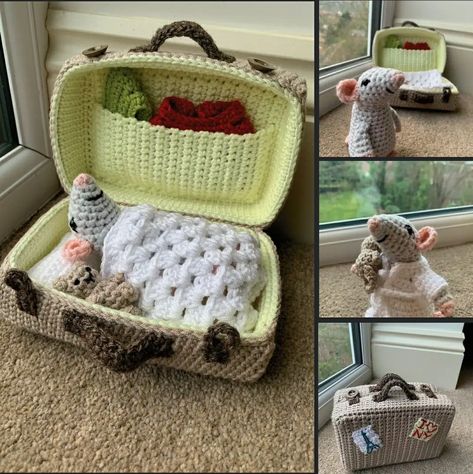 Rat In Suitcase Crochet, Rat Suitcase Crochet, Crochet Mouse In A Suitcase, Mouse In A Suitcase Crochet Pattern, Crochet Luggage, Crochet Caddy, Crochet Rat, Crochet Game, Knitting For Beginners Patterns