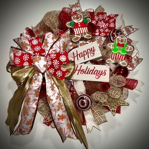 This Festive Deco Mesh Wreath Is Perfect For Your Front Door, Your Mantle, Or On Your Outside Gate. The Premium Mesh, Ribbon And Embellishments Are Securely Attached To A Sturdy Wire Frame Wreath May Need To Be Fluffed And Rearranged When It Arrives Due To Any Shifting During Shipping 22” Diameter 5” Depth Suitable For Indoor Or Outdoor Use. Although It Will Last Longest When Displayed Indoors Or Outside In A Well Protected Area. Handmade Just For You After You Place Your Order Custom Order Requests Are Always Welcome Reefs For Doors, Easy Mesh Wreath, Gingerbread Christmas Wreath, Nightmare Before Christmas Wreath, Plain Wreaths, Wine Cork Wreath, Fall Leaf Wreaths, Whimsical Christmas Trees, Bunny Door Hanger