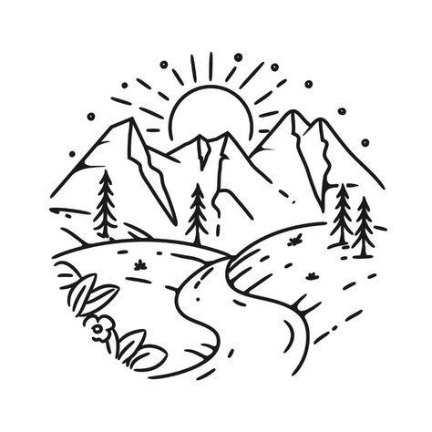 Simple mountain landscape design Mountains Simple Drawing, Wilderness Drawings Easy, Landscape Simple Drawing, Simple Mountain Design, Mountain Simple Drawing, Cute Mountain Drawing, Landscape Drawing Simple, Wanderlust Doodles, Camping Drawing Simple