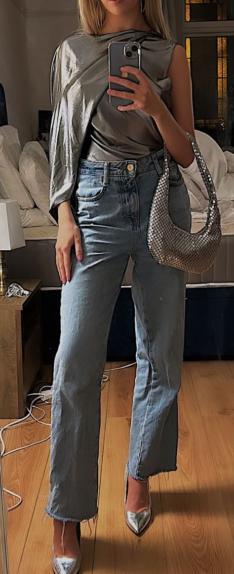 Silver Wedges Outfit, Prada Silver Slingback Outfit, Silver Heels Outfit Casual Chic, Silver Shoes And Bag Outfit, Chrome Pumps Outfit, Scandi Going Out Style, Pointed Loafers Outfit, Silver Pointed Heels Outfit, Silver Mules Outfit