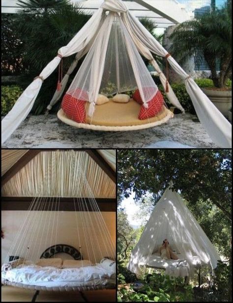 A gift for you: 3 Easy Tips To Create A Trampoline Swing Bed. Open this for an effortless fun. Recycled Trampoline, Diy Tipi, Trampoline Tent, Swing Bed, Beyond Repair, Kid Life, Hanging Beds, Outdoor Entertainment, Classy Decor