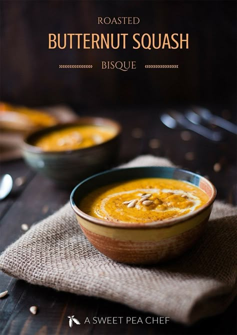 This easy Butternut Squash Bisque gets all the deep flavors and sweetness from roasting the butternut squash. Butternut Squash Bisque Recipe, Squash Bisque, Butternut Squash Bisque, Bisque Recipe, Fall Soup, Soups Stews, Blender Recipes, Diet Vegetarian, Butternut Squash Soup