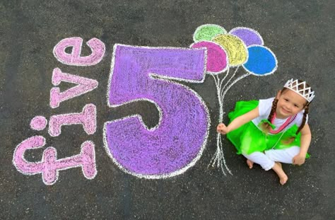 Sidewalk Chalk Photos, Chalk Photography, Chalk Pictures, Chalk Photos, Fun Chalk Art, Birthday Traditions, Sidewalk Chalk Art, Happy 5th Birthday, Birthday Photography