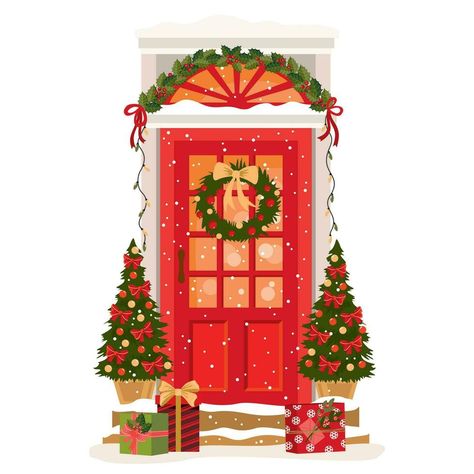 Red traditional entrance door with Christmas decoration. Front door with holly, mistletoe, Christmas trees, wreath. Illustrated vector clipart. Traditional Entrance Door, Traditional Entrance, Mistletoe Christmas, Holly Tree, House Updates, Christmas Tree Wreath, Entrance Door, Updating House, Christmas 2024