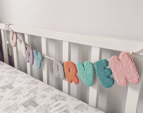 Handmade Garland, First Birthday Decor, Name Bunting, Shower Party Favors, Cute Coasters, Punch Needle Patterns, Boho Nursery Decor, Birthday Name, Baby Shower Party Favors