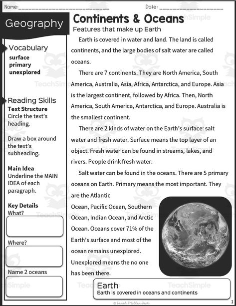 This resource is an Oceans and Continents Reading Packet.This is a great no prep resource that all you have to do is print and go!Students will love learning history as they read an informative passage and apply vocabulary terms.Worksheets included such as multiple-choice questions and graphic organizers will allow them to show what they know.These work well for social studies or reading instruction.Answer keys included. Continent And Ocean Worksheet, Continents And Oceans Printables Free, Oceans And Continents, Landforms And Bodies Of Water, Substitute Teacher Tips, Continents Activities, Social Studies Maps, Kids Podcast, World Map Continents