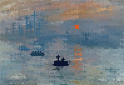 Impression Sunrise (Claude Monet) Bordados Aesthetic, Pixel Painter, Impression Sunrise, Art Pixel, Polygon Art, Pixel Art Tutorial, Cool Pixel Art, Pixel Art Grid, Pixel Art Pattern