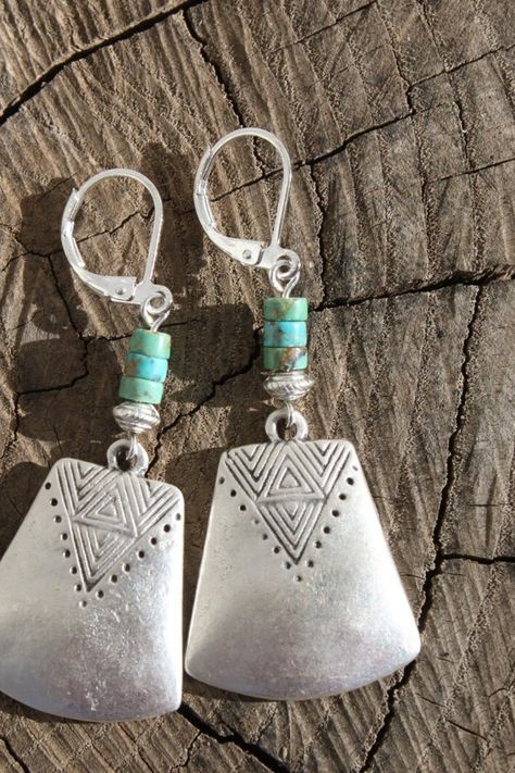 Tin Jewelry, Turquoise Jewelry Earrings, Silver Turquoise Earrings, Dangle Earrings Boho, Beaded Jewelry Necklaces, Turquoise Earrings Dangle, Ear Ring, Spoon Jewelry, Boho Green