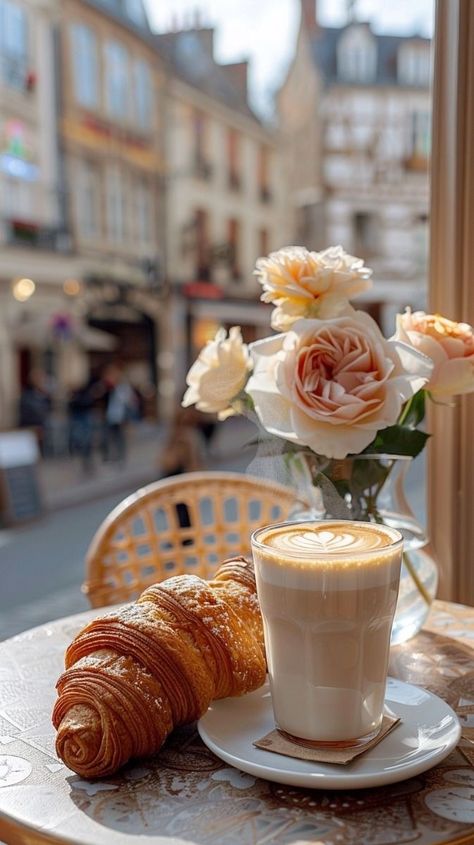 Coffee Latte Aesthetic, Rose In A Vase, Fresh Croissants, Coffee Shop Aesthetic, Coffee Obsession, Coffee Photos, Morning Tea, Coffee And Books, Wicker Basket