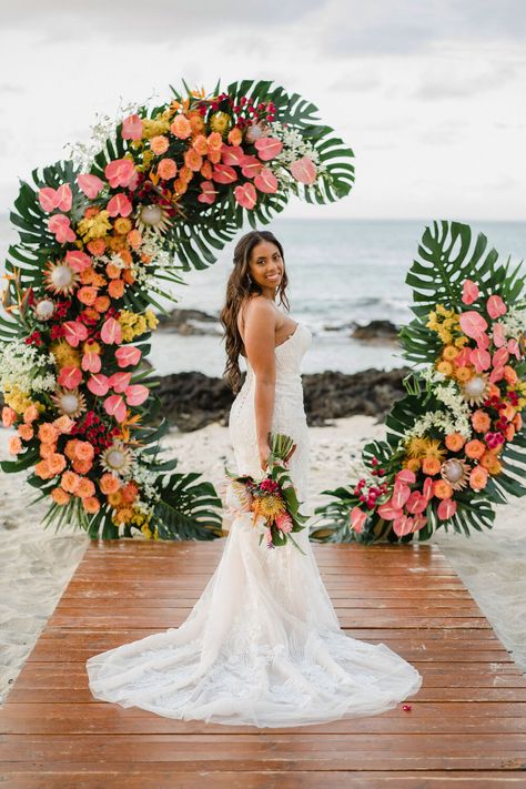 Veronica + Justin — Flower Me Pretty Hawaii Tropical Flower Wedding Arch, Tropical Flower Arrangements Wedding, Tropical Wedding Dress, Hawaiian Elopement, Tropical Wedding Dresses, Tropical Wedding Theme, Hawaii Beach Wedding, Tropical Wedding Decor, Hawaii Weddings