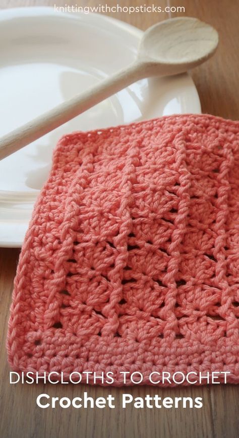 Looking for dishcloths to crochet? This is it! The Shell Dishcloth is part of a set of classic dishcloth crochet patterns that makes stunning & useful crochet gifts! Make a set for your friends & family! Find a dishcloth to crochet for every style. Save this free pattern to your crochet patterns Pinterest board for later! Find all 5 dishcloth crochet patterns on my website and follow @knittingwithchopsticks for more knitting and crochet ideas! Crochet Heart Dishcloth Free Pattern, Crocheted Dishcloth Patterns, Useful Crochet Gifts, Crochet Dishcloths Free Patterns, Crochet Dishcloth Free Pattern, Free Crochet Dishcloth, Crochet Shell Pattern, Crochet Dishcloth Pattern, Shell Crochet