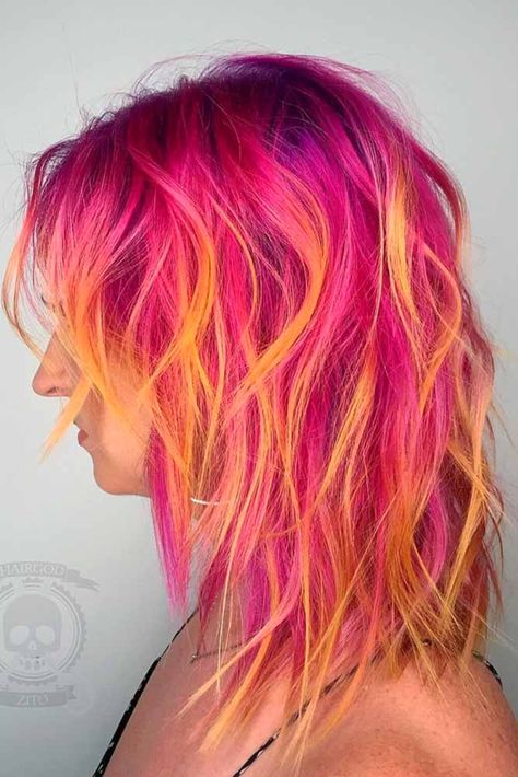 Sensational Pink Hair Ideas for a Spunky New Look ★ See more: http://lovehairstyles.com/pink-hair-ideas-look/ Sunset Hair, Medium Shag Haircuts, Neon Hair, Bright Hair, Yellow Hair, Hair Dye Colors, Mermaid Hair, Orange Hair, Hair Inspo Color