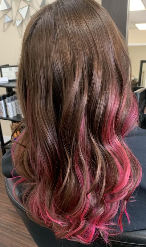 Hot Pink peek-a-boo highlights Brown Hair With Pink Highlights, Brown And Pink Hair, Pink Hair Highlights, Pink Hair Streaks, Blonde Hair Tan Skin, Hair Tan Skin, Tan Skin Blonde Hair, Hot Pink Hair, Pink Hair Dye