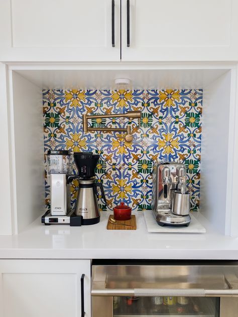 Coffee Station with pot filler and Portuguese azulejo tiles Mediterranean Home, Home Decor Living Room, Dream Apartment, Dream House Interior, Apartment Inspiration, Decor Living Room, Dream House Decor, Decor Furniture, House Inspo