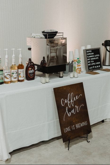 Coffee Bar Wedding Reception, Reception Coffee Bar, Coffee Bar Party, Coffee Bridal Shower, Coffee Bar Wedding, Bar Wedding Reception, Love Is Brewing, Wedding Coffee, Coffee Bar Station