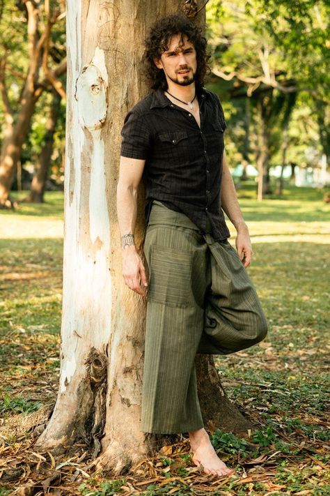 Mens Hippie Pants, Solarpunk Fashion Men, Men Hippie Outfits, Male Indie Outfits, Mens Hippie Fashion, Hippie Fashion Men, Hippie Outfits Men, Ftm Fashion, Thailand Pants