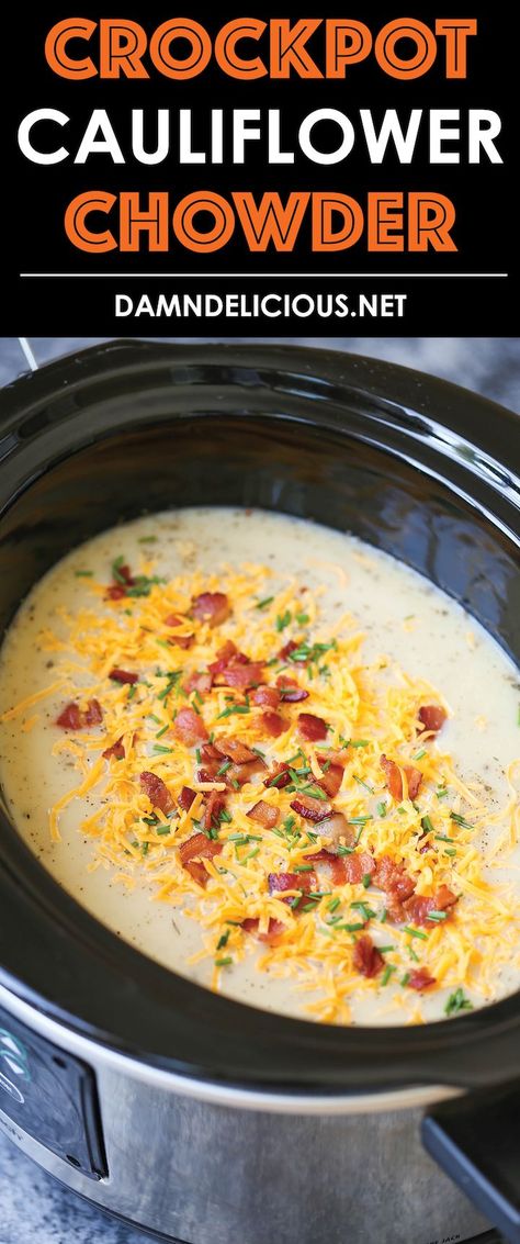 Slow Cooker Cauliflower Chowder - Simply throw everything into the crockpot, blend and top with bacon and cheese. Healthy, hearty, easy and effortless! Slow Cooker Cauliflower, Crockpot Cauliflower, Cauliflower Chowder, Breakfast Low Carb, Bacon And Cheese, Vegan Cauliflower, Cauliflower Soup, Crock Pot Soup, Crock Pot Slow Cooker