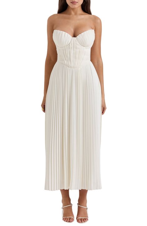 HOUSE OF CB Amorata Strapless Pleated Georgette Cocktail Dress | Nordstrom Ivory Bridesmaid Dresses, Dream Items, Rehearsal Dinner Dresses, Pleated Maxi Skirt, Event Outfit, Shower Dresses, Graduation Ideas, Pleated Maxi Dress, Dinner Dress