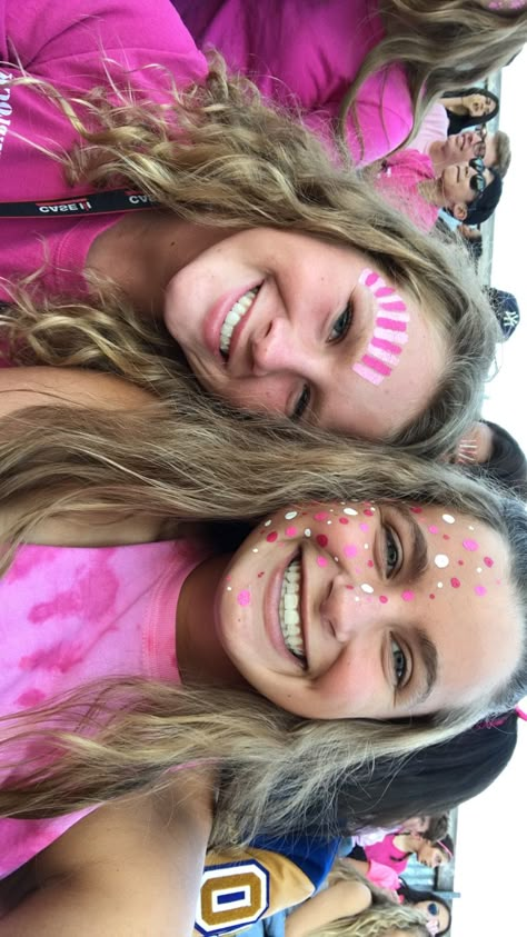 Pink Day Face Paint, Pink Football Game Theme Face Paint, Pink Eye Black Football, Pink Out Makeup Football Game, Pink Out Football Game Makeup, Pink Face Paint Ideas School Spirit, Pink Out Hair Spirit Week, Fb Game Face Paint, Pink Out Football Game Face Paint