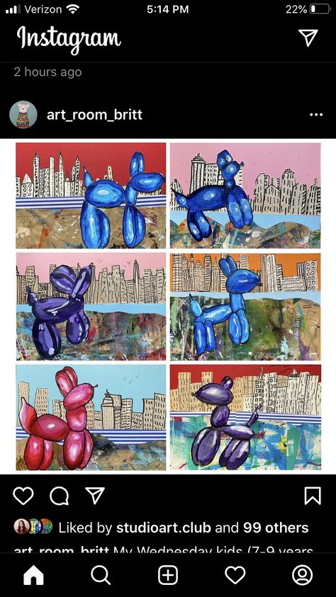 Jeff Koons Balloon Dog Art Lesson, Pop Art Lessons For Middle School, Jeff Koons Art Projects For Kids, Jeff Koons Art, Highschool Art, Elementary Art Classroom, Art Classroom Management, 80s Art, Animal Art Projects