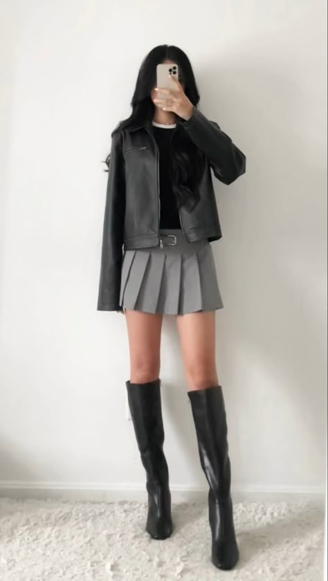 Fall outfit, outfit inspo, style inspiration, outfit idea, tall boots, black knee high boots, pleated mini skirt, black leather jacket Black Dress Knee High Boots Leather Jacket, Knee High Boots And Mini Skirt, Outfit Inspo Knee High Boots, Mini Skirt And Knee High Boots, Black Knee High Boots Outfit Spring, Tall Skirt Outfit, Knee High Boots Outfit Aesthetic, Knee High Boots Skirt Outfit, Black Leather Boots Outfit Knee High