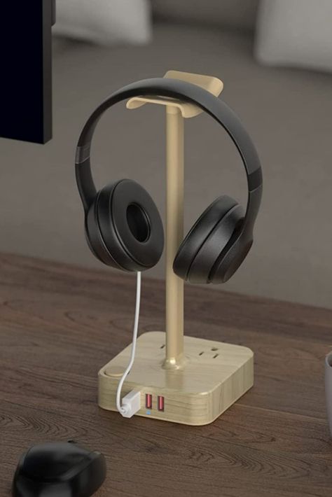 golden Headphone Stand with 3 USB Charger Desk Gaming Headset Holder Hanger Rack with 3 USB Charging Ports and 2 AC Outlets - Suitable for Gamer Desktop Table Game Earphone Accessories Boyfriend Gifts Desk Gaming, Earphones Holder, Headset Holder, Headphone Stand, Usb Charging Station, Headphone Stands, Hanger Rack, Holder Design, Wooden Gifts