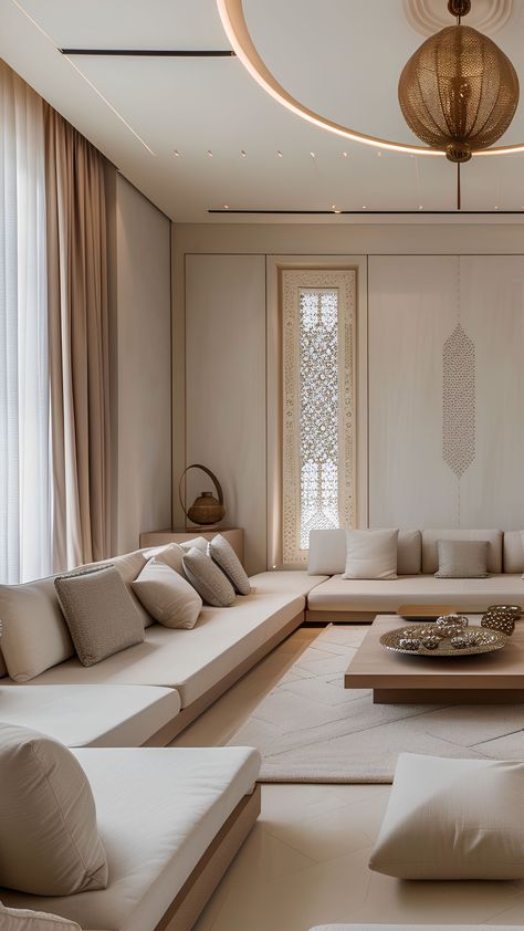 A modern Arabic majlis in Dubai features luxurious seating with intricate patterns and soft cushions. Dubai Interior Design Living Rooms, Arabian Home Design, Modern Arabic Living Room, Modern Middle Eastern Interior Design, Modern Majlis Interior Design, Arab Living Room, Dubai Living Room, Arabic Majlis Interior Design, Arabian Living Room