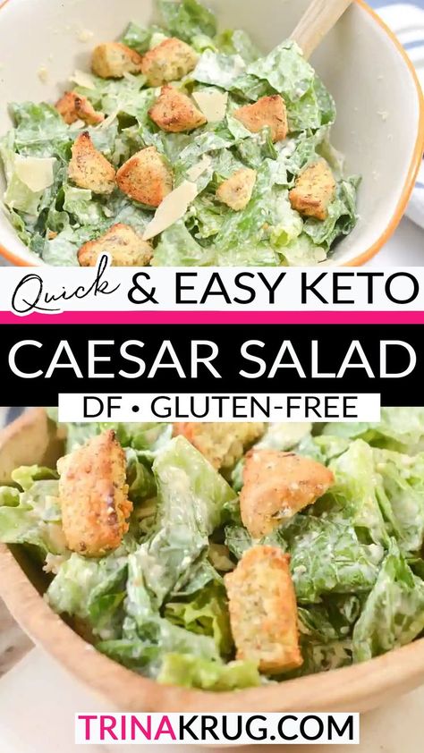 This Keto Caesar salad is bursting with classic flavors! It’s made with low-carb croutons and a super-easy homemade dressing for a delicious meal or side. I have always loved a good Caesar salad. Crunchy romaine, nutty Parmesan, crunchy croutons, and creamy dressing come together for a classic combination. | @trinakrug Keto Caesar Dressing Recipe, Salad And Dressing, Caesar Salads, Gluten Free Dinner Easy, Diet Dinner, Diet Dinner Recipes, Dinner Choices, Caesar Salad Dressing, Caesar Salad Recipe