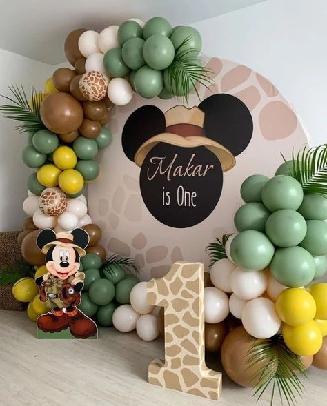 1st Birthday Decorations Ideas, Mickey Mouse Safari Backdrop, Mickey Safari Backdrop, Mickey Safari First Birthday, Mickey Mouse Birthday Party Ideas 1st Decoration, Baby Birthday Themes Boy, Baby Party Ideas 1st, Mickey Mouse Safari Birthday Party Ideas, Baby Boy Birthday Themes First