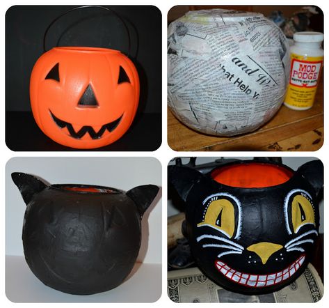 Pumpkin Diy, Hallowen Ideas, Halloween Folk Art, Halloween Buckets, Plastic Pumpkins, Primitive Halloween, Vintage Halloween Decorations, Fall Halloween Crafts, Diy Pumpkin