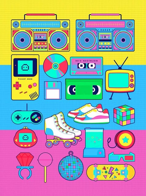 90s 80s memphis nostalgic colorful retro objects toys Année 80 Aesthetic, 1980s Aesthetic Retro, 90s Objects, 80s Objects, 90s Products, Retro Toys 80s, 90s Illustration, 90s Graphics, 80s Illustration