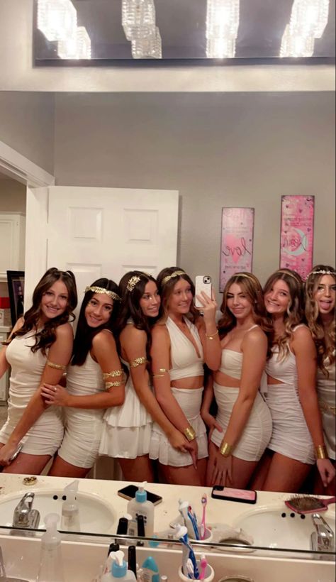 Greek Goddess Bid Day, Muses Halloween Costume, Greek Theme Outfit Ideas, Greek Princess Costume, Cute Halloween Costumes Greek Goddess, Greek Goddesses Group Costume, Greek Dress Up, Greek God Party Outfit, Greek Costumes Goddess