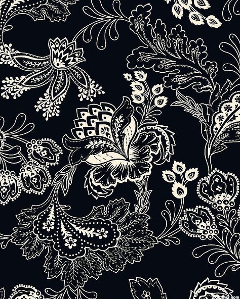 Nightfall - Floral Flourish - Black Paisley Art Ideas, Classic Drawing, Digital Print Textiles, Chicken Kari, Stencils Online, Ornament Drawing, Floral Textile, Black Floral Pattern, Flower Drawing Design