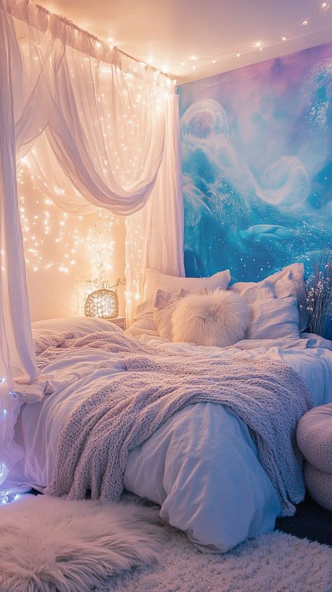 Dive into a Pisces dream 🌊✨ Transform your bedroom with ocean-inspired hues, flowy curtains, and a mesmerizing watercolor wall mural. Twinkling fairy lights, plush bedding, and a cozy meditation corner create an ethereal escape. Perfect for dreamy nights and peaceful mornings! 🛌💫 Bedroom Inspo Blue Walls, Mermaid Core Bedroom, Crystal Bedroom Aesthetic, Sky Themed Bedroom, Cloudy Bedroom, Siren Bedroom, Blue Room Ideas Bedroom, Star Themed Bedroom, Ocean Bedroom Aesthetic