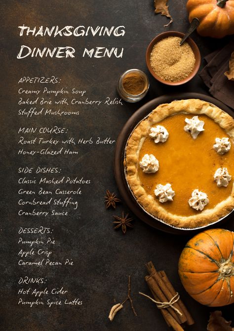 Use this customizable Dark Brown Orange Thanksgiving Dinner Menu template and find more professional designs from Canva.  #dark #ginger #brown #orange #pumpkin #menu #thanksgiving #dinner #event #aesthetic #cafe #restaurant #business #food #holiday Fall Menu Design, Thanksgiving Menu Design, Traditional Thanksgiving Menu List, Pumpkin Menu, Friendsgiving Menu, Event Aesthetic, Caramel Pecan Pie, Dinner Menu Template, Dark Ginger