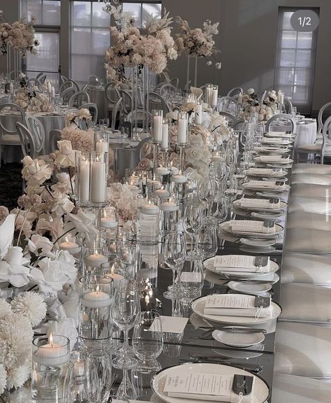 White And Silver Place Setting Wedding, Grey And Silver Wedding Theme, Silver And White Prom Decorations, Silver And Champagne Wedding, Platinum Wedding Decor, White And Crystal Wedding Decor, Silver Wedding Decorations Receptions, White And Grey Wedding Theme, Grey And White Wedding Decor