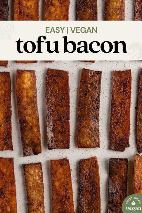 This tofu bacon is an absolute game-changer! It's one of our favorite vegan bacon substitutes - it's made with 10 ingredients and begging to be turned into a hearty vegan BLT sandwich. #veganbacon #tofubacon #plantbasedprotein #plantbsedbacon #veganprotein #veganBLT #vegansandwich #veganentree #vegansnack #veganlunch #sweetsimplevegan #crispytofu Tofu Bacon Marinade, Shaved Tofu Recipes, Tofu Bacon Recipe, Tofu Lunch Meat, Smoked Tofu Dishes, Grated Tofu Recipes, Shredded Tofu Recipe, Cooking With Tofu, Smoked Tofu Recipe