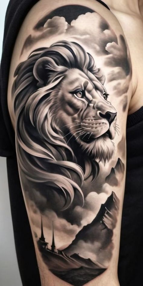 Black And Grey Lion Tattoo, Lion Stencil Tattoo, Realistic Lion Tattoo Design, Leones Tattoo, Lion Tattoo Stencil, Leon Tattoo, Time Piece Tattoo, Roaring Lion Tattoo, Lion Arm Tattoo