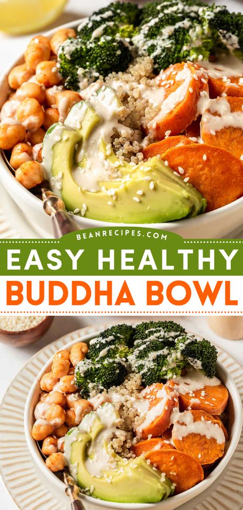 Looking for a simple chickpea recipe for dinner? This healthy buddha bowl recipe is just the thing for you! A simple vegetarian recipe, it combines grains, protein, veggies and a yummy sauce to make a hearty and vibrant dish. Pin this healthy lunch idea! Chickpea Buddha Bowl Recipe, Garbanzo Bean Bowl, Grain And Bean Bowls, Easy Buddha Bowl Recipe, Simple Power Bowls, Vegan Protein Bowl Recipes, Simple Buddha Bowl, Bowls Recipe Vegetarian, Grain Bowls Vegetarian