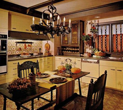 1970s kitchen design - one harvest gold kitchen decorated in 6 distinct '70s styles - Retro Renovation Spanish Kitchen Decor, 1970s Interior, Birch Kitchen, 70's Decor, 1970s Kitchen Remodel, Spanish Style Kitchen, 1960s Kitchen, Model Dapur, 70s Kitchen