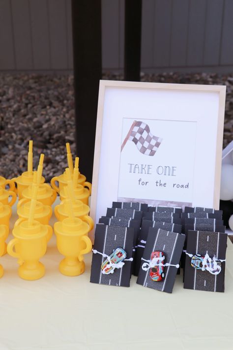 Race Car Themed Third Birthday Party - traditionallycozy.com Birthday Party Race Cars, Anything With Wheels Birthday, 2 Fast 2 Furious Birthday Party Games, Modern Car Themed Birthday Party, Race Car Two Fast Birthday, Race Cars Party, 1st Birthday Race Car Theme Party Ideas, Race 1st Birthday, Racing Third Birthday