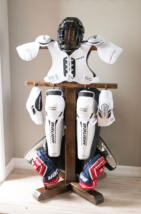 End the scourge of dreaded hockey stench by making a hockey equipment drying rack! Hockey Equipment Drying Rack, Hockey Equipment Storage, Hockey Drying Rack, Sports Equipment Organization, Hockey Diy, Hockey Crafts, Sports Equipment Storage, Hockey Bedroom, Hockey Decor