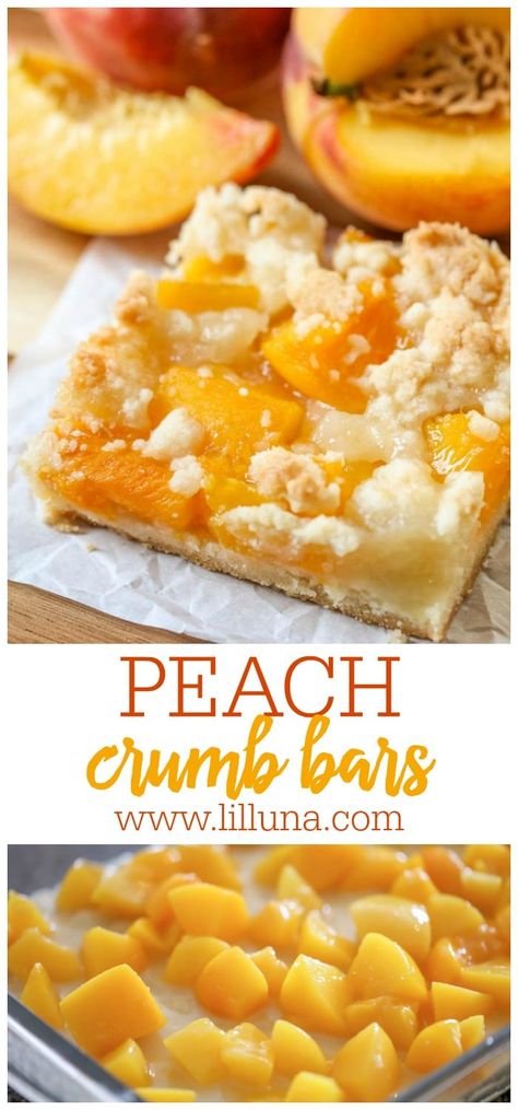 Peach Crumb Bars are one of our favorite summer treats! They're made from a buttery crust layered with juicy peaches and a crumbly topping. #peachcrumbbars #crumbbars #peachbars #peachdesserts #desserts Peach Crumb Bars, Peaches Baked, Weight Watcher Desserts, Crumb Bars, Pie Cupcakes, Peach Recipes, Cookies Bars, Peach Desserts, Crumble Bars