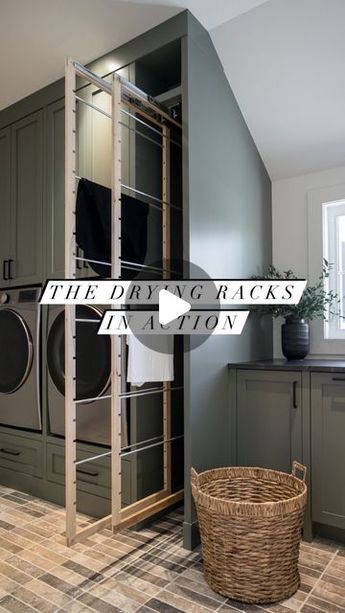 Melissa Manzardo Hryszko on Instagram: "These drying racks are such a brilliant option when we are working with a laundry room that has limited space. This solution gives our clients plenty of hanging area with the two pullouts. With adjustable rods and a depth of 30” there is plenty of room to hang up numerous items at once.   #laundry #laundryroom #laundryroominspo #homeorganization #homeinspo #yychomes #interiordesignideas" Laundry Room Ideas Pull Out Drying Rack, Laundry Room Angled Ceiling, Laundry Room Design With Hanging Rod, Laundry Room With Hanging Space, Hanging Rod In Laundry Room, Diy Drying Rack Laundry, Laundry Hanging Ideas Drying Racks, Laundry Room With Hanging Rod, Hanging Rods In Laundry Room