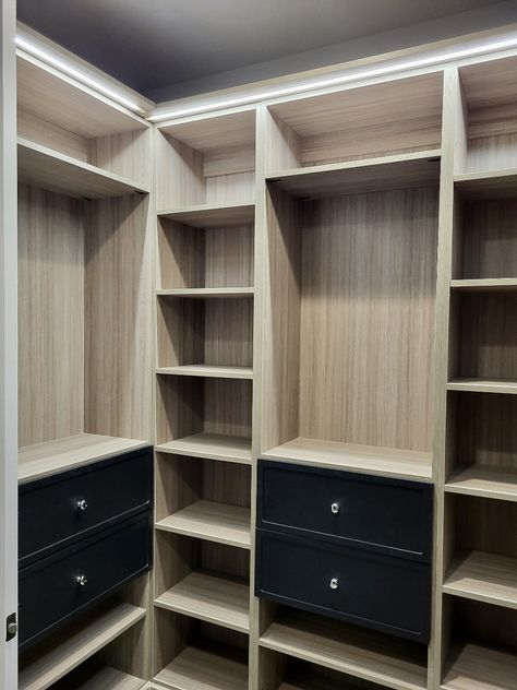 Closet, modern shaker front drawers, top shelf lighting, custom closet, black drawers Closets Small, Garage Home Office, Garage Laundry Rooms, Bathroom Linen Closet, Custom Closet Design, Pull Out Shelves, Laundry Room Cabinets, Kitchen Organization Pantry, Small Closets