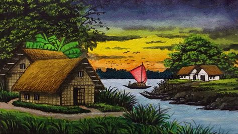 Village Painting Indian Landscape, Village Painting Indian, Indian Landscape, Tree House Drawing, Village Scene Drawing, Village Scenery, Village Painting, Bulletin Journal, Painting Indian