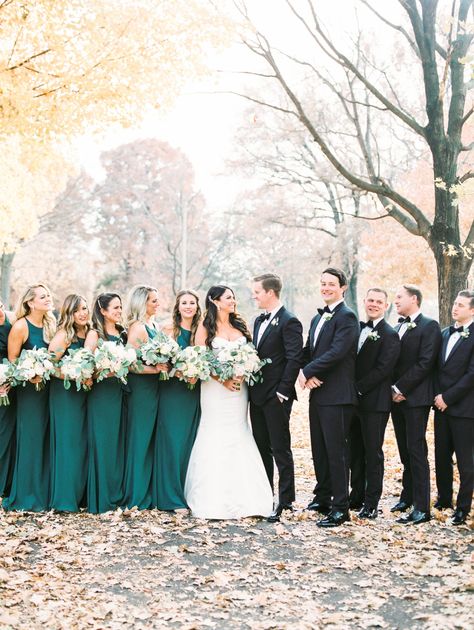 Forest Green Wedding Bridal Party, Emerald And Champagne Bridesmaid Dresses, Emerald Green Bridesmaid Dresses And Groomsmen, Forest Green Bridal Party Attire, Dark Green Bridesmaid Dresses With Groomsmen, Black Suit Green Dress Wedding, Emerald Green Bridesmaid And Groomsmen, Emerald Wedding Groomsmen, Emareld Green Wedding Theme