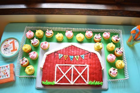 Farm birthday. Barnyard birthday. Farm animal cupcakes. Barn cake. Barnyard animal cupcakes. Farm Animal First Birthday Party Smash Cakes, Sheet Cake Farm Theme, Barn Cake With Animal Cupcakes, Barnyard 1st Birthday Cake, Barnyard Cupcakes Farm Theme, Barnyard First Birthday Cake, Farm Themed Sheet Cake, Farm Theme Sheet Cake, One Year Old Farm Theme Birthday